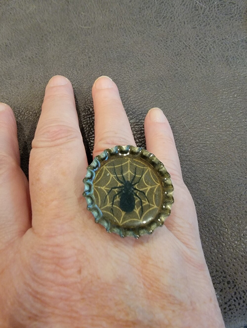Handcrafted Halloween Gray and Black Spider Web Vintage Bottle Cap Ring